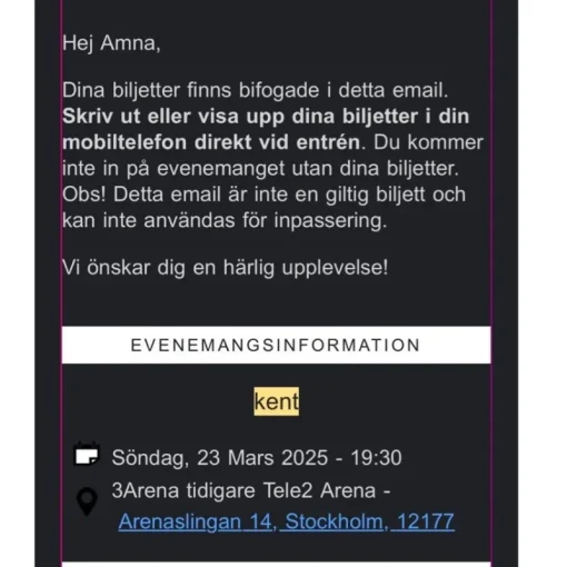 Tradera 1 biljetter till Kent på 3Arena, Stockholm - Söndag 23 Mars 2025> Konserter