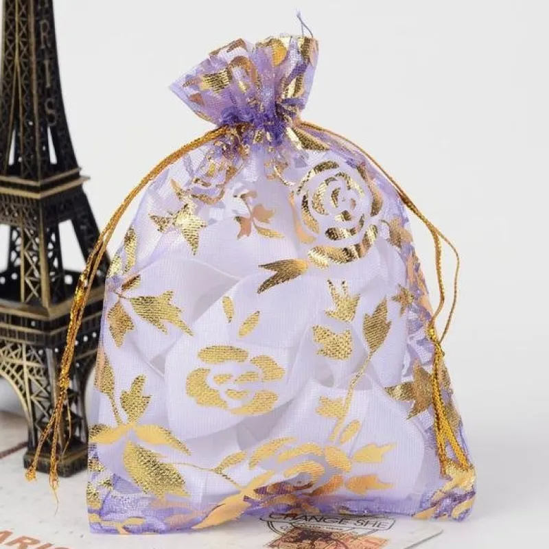 Tradera 25 st Handsydda Organza påsar Ljus Lila med Guldrosor c.a 9x12 cm.^ Bröllopsdukning & Dekorationer