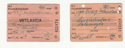 Tradera Järn- & Spårvägsmemorabilia<2 st hushållsbiljetter, Vetlanda -56 o Hässleholm -65