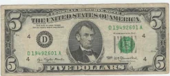 Tradera 1 st, USA, Sedel. valör Five Dollar. år 1977.^ Sedlar