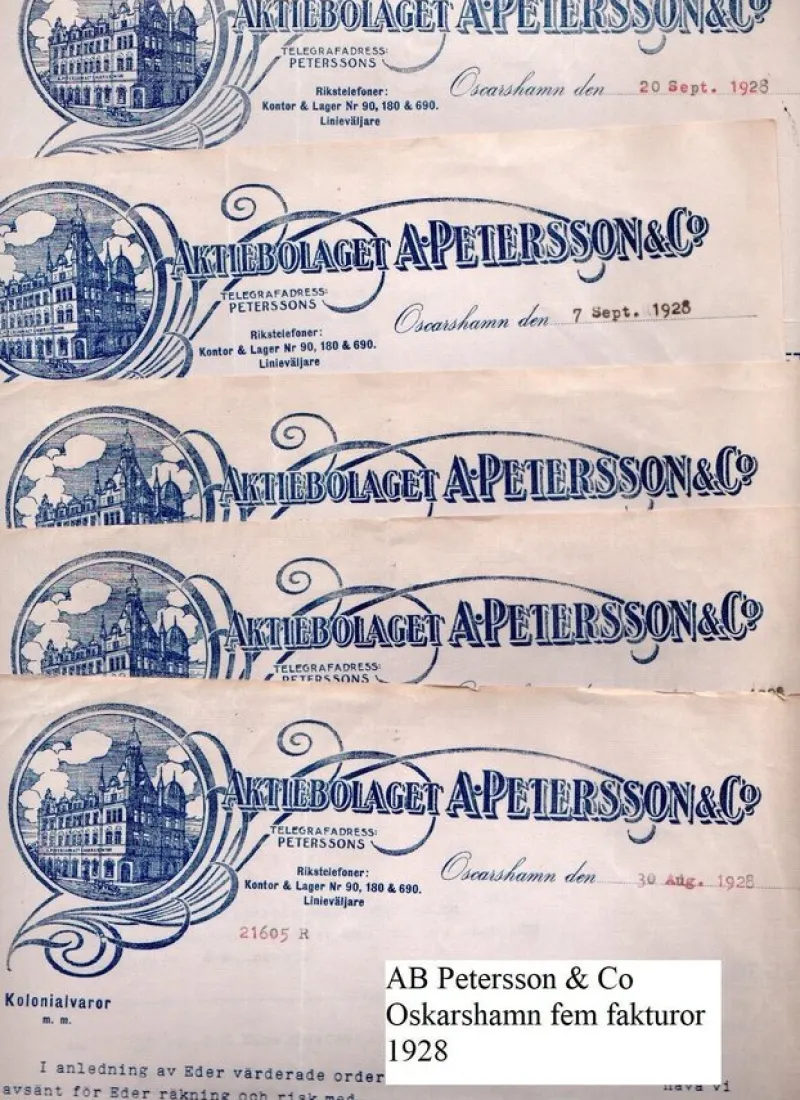 Tradera Aktiebolaget A Petersson & Co Oskarshamn fem fakturor från 1928 bekämpningsmedel^ Fraktsedlar & Fakturor