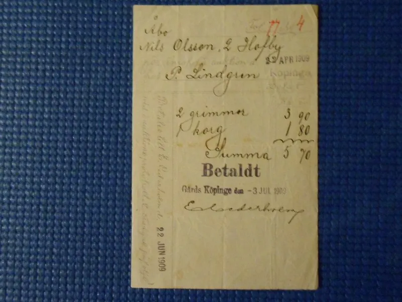 Tradera Auktionskvitto Gårds Köpinge 1909^ Fraktsedlar & Fakturor