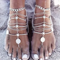 Tradera Fotlänkar<Boho Fotsmycke Fotlänk Ankellänk Vristlänk & Tåring - Bohemiskt i Silver Färg