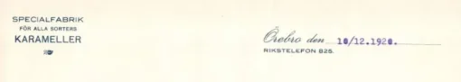 Tradera Bröderna Danielssons Karamellfabrik Örebro Faktura 10 december 1920^ Fraktsedlar & Fakturor