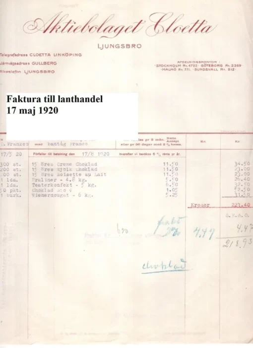 Tradera Cloetta AB Ljungsbro 2 fakturor från 17/5 och 1/10 1920 Linköping Östergötland^ Fraktsedlar & Fakturor