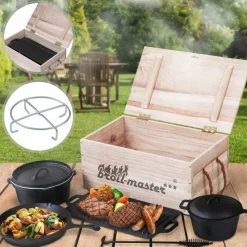Tradera Grytset Dutch oven i gjutjärn i trälåda 9 delar Fabriksny^ Eld & Grill