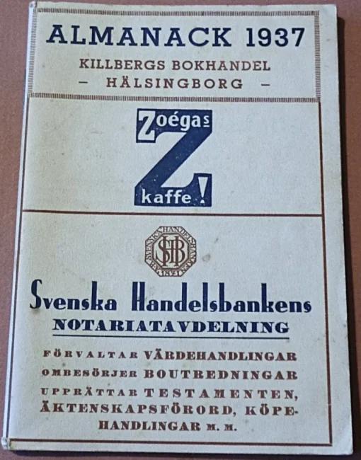 Tradera Hälsingborg Almanacka från året 1937, Med annons reklamer Hälsingborg inne m.m.> Almanackor & Kalendrar