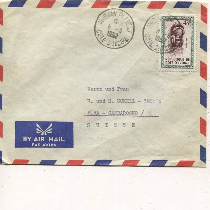 Tradera Ivory Coast 45f on air mail cover to Switzerland, Abidjan Plateau 8.3.1962^ Afrika