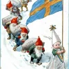 Tradera Allmänna Motiv<Jenny Nyström - Godt Nytt År - Barn med svensk flagga och tomtar i rad - 1908