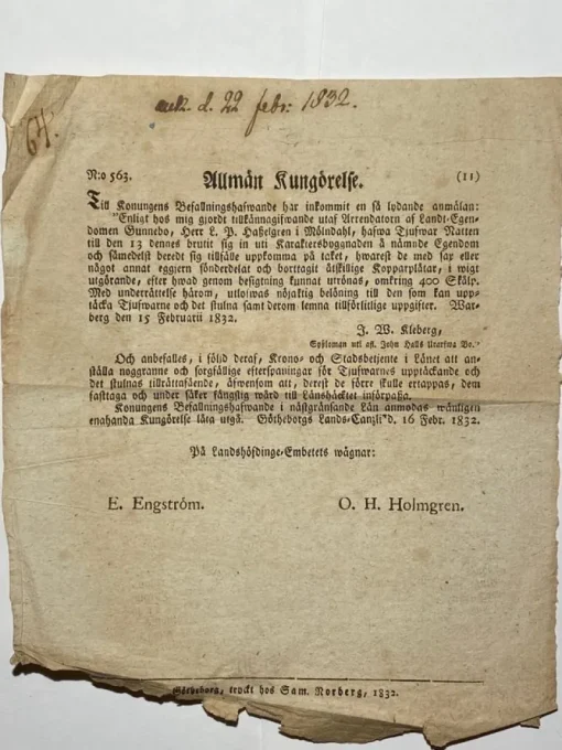 Tradera Koppartjuvar på Gunnebo Mölndal. Kungörelse 1832> Antik Litteratur