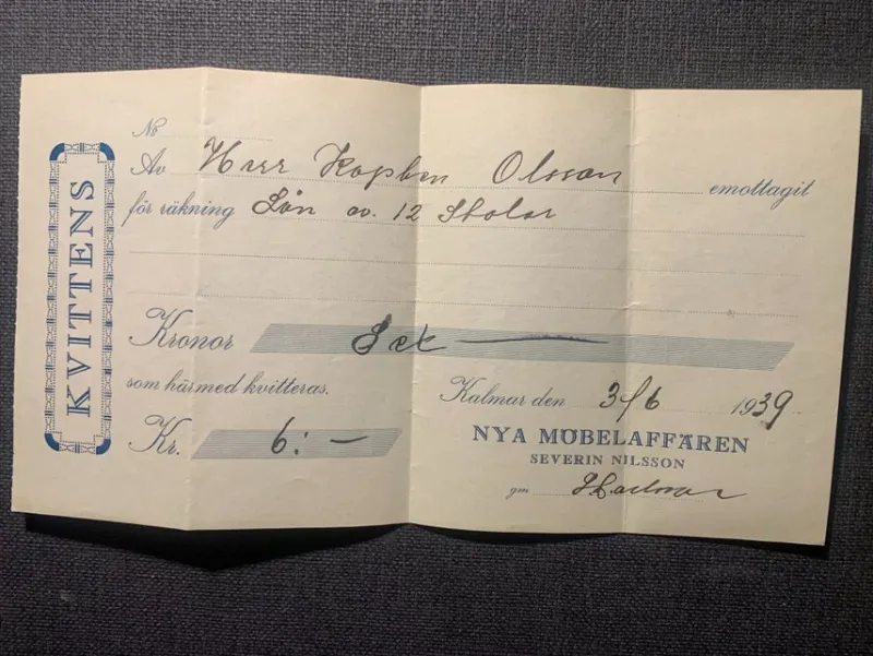 Tradera Fraktsedlar & Fakturor<Kvitto från Nya Möbelaffären i Kalmar 1939
