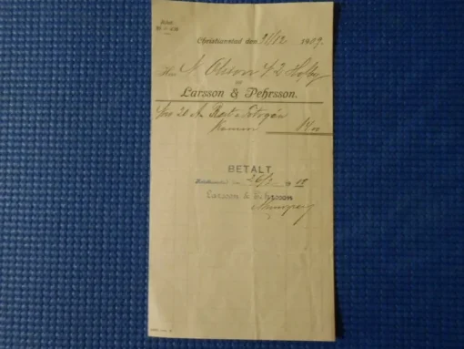 Tradera Fraktsedlar & Fakturor<Kvitto Larsson & Pehrsson Christianstad 1909