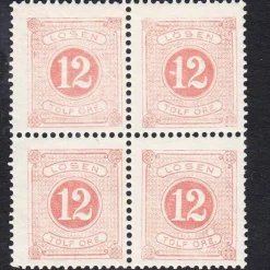 Tradera L 15 **, Lösen tandning 13, 12 öre röd. 4-block^ Sverige