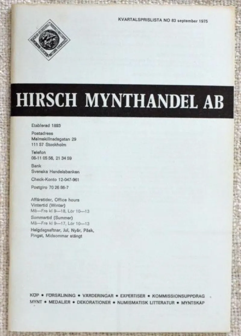 Tradera LITTERATUR. Hirsch Mynthandel. Lagerlista 83, 1975^ Övrigt Mynt & Sedlar