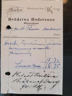 Tradera Fraktsedlar & Fakturor<Nota Bröderna Andersson Måleriverkstad Markaryd Småland