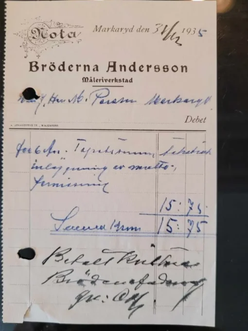 Tradera Fraktsedlar & Fakturor<Nota Bröderna Andersson Måleriverkstad Markaryd Småland