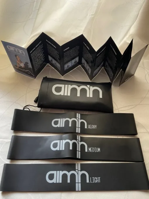 Tradera Gymnastik<Nya Aim'n Aimn resistance band träningsband svart övningsbeskrivningar fodral