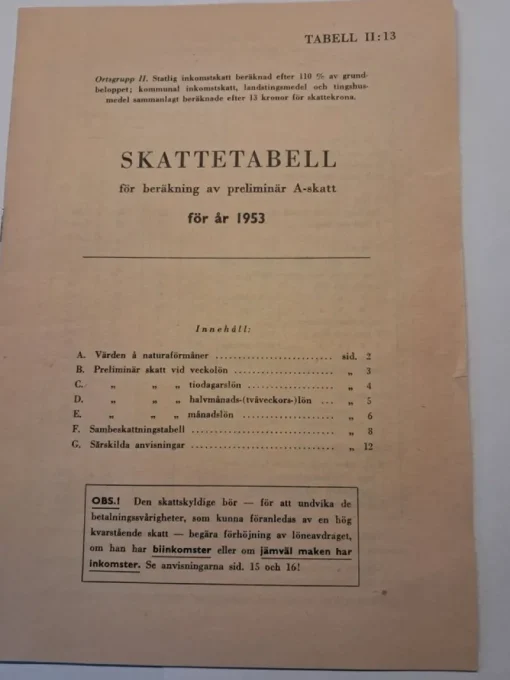 Tradera Kuriosa<Skattetabell från 1953