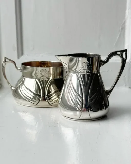 Tradera Sukker- og flødesæt, jugendstil, pletsølv^ Kaffe & Te