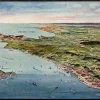Tradera Svenska Landskap<Tecknat vykort med flygvy över Helsingborg och norra Öresund.