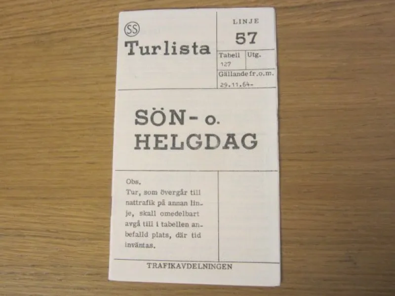 Tradera Tidtabeller<Tidtabell / Turlista Buss linje 57/ Söndag & Helgdag - Stockholm