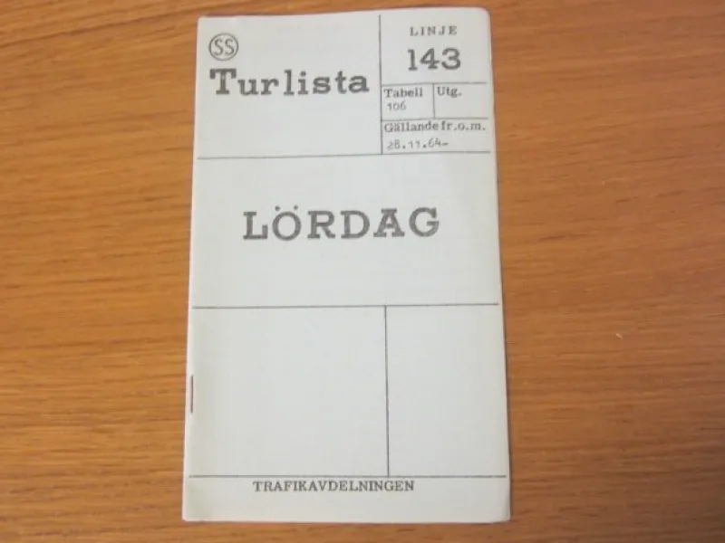 Tradera Tidtabeller<Tidtabell Linje 143 Turlista Lördag Buss Stockholm 1964