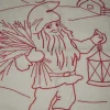 Tradera Tomte broderad i linne tyg, julbonad, väggbonad, retro, vintage, 60-tal, 70-tal> Högtider