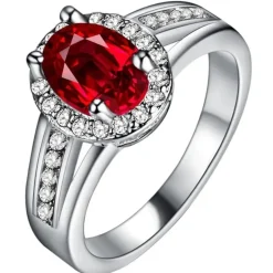 Tradera Ringar<Vacker Silver Ring med Oval Röd & Vit CZ Kristall - Silverpläterad - Stl 17,3