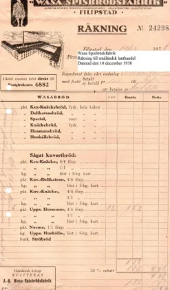 Tradera Wasa Spisbrödsfabrik Filipstad Räkning till lanthandel Målilla 10 december 1938^ Fraktsedlar & Fakturor